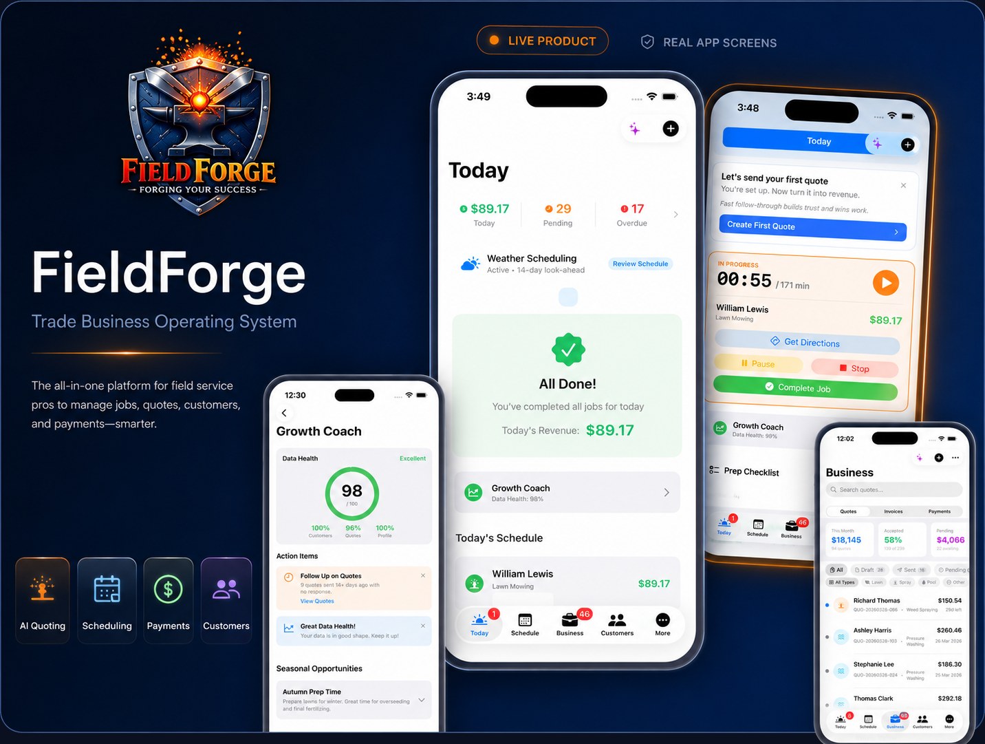 FieldForge app showcase — real screens for scheduling, live job timers, Growth Coach, quotes, payments, and business management